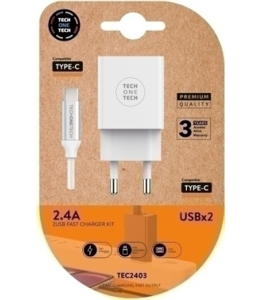 CARGADOR TECHONE DOBLE + CABLE USB-USB-C