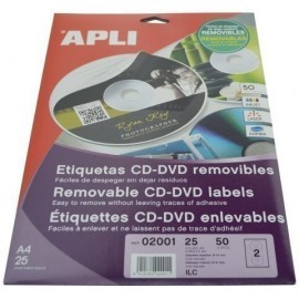 ETIQUETAS ADH IMPR APLI A4 MULTIMED CD DVD CLASICA BLISTER 25h REMOVIBLE MATE Ø ext 114 e int 41 mm 50 uds 02001
