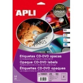 ETIQUETAS ADH IMPR APLI A4 MULTIMED CD DVD MEGA BLISTER 25h DORSO OPACO Ø ext 117 e int 18 mm 50 uds 10601