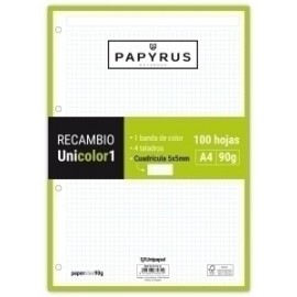 Recambio Papyrus Unicolor1 A4 100h 90g Multitaladro Cuad.5x5 Lima