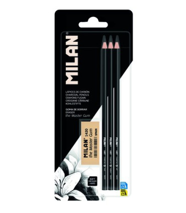 LAPICES CARBONCILLO MILAN BL.3 +GOMA