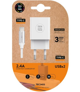 CARGADOR TECHONE DOBLE + CABLE USB-USB-C