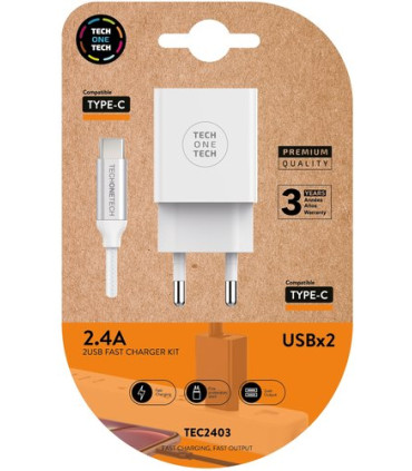 CARGADOR TECHONE DOBLE + CABLE USB-USB-C